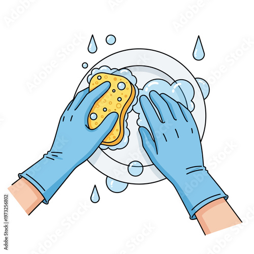 Hands in blue gloves washing a plate with a yellow sponge and soap bubbles