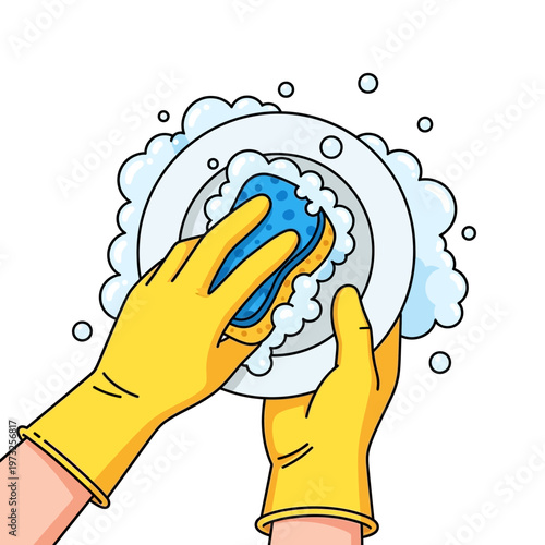 Hands in Yellow Gloves Washing a Plate with Blue Sponge and Suds