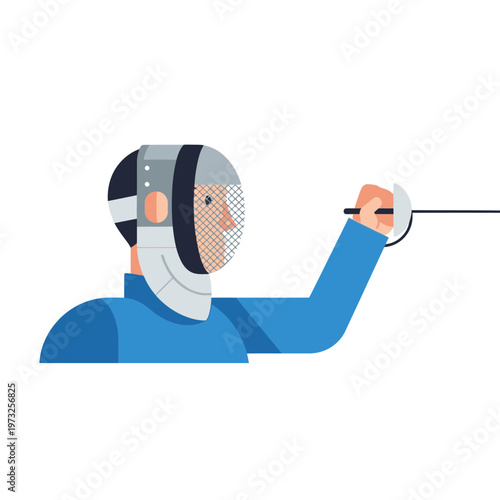 Fencer in protective mask and blue uniform holding foil, ready for combat