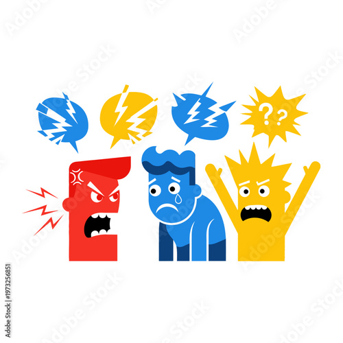 Angry Argument Between Three Cartoon Characters, Conflict and Disagreement