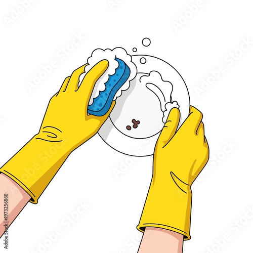 Hands in yellow gloves washing dirty plate with sponge and soap bubbles