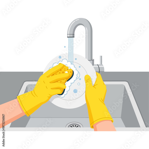 Hands in yellow gloves washing dishes with sponge under running water in sink