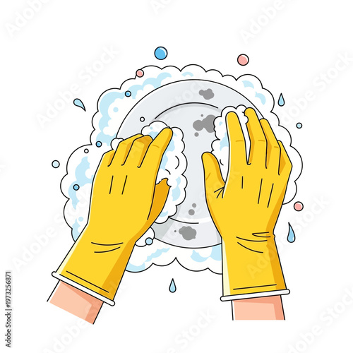 Hands in yellow gloves washing dirty plate with soap bubbles and water drops