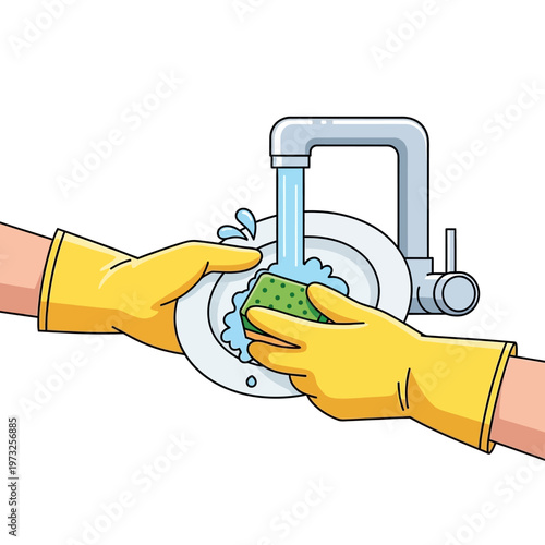 Hands in yellow gloves washing dishes under running water with sponge
