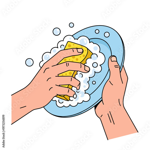 Hands washing a blue plate with a yellow sponge and soap bubbles, clean dishes concept