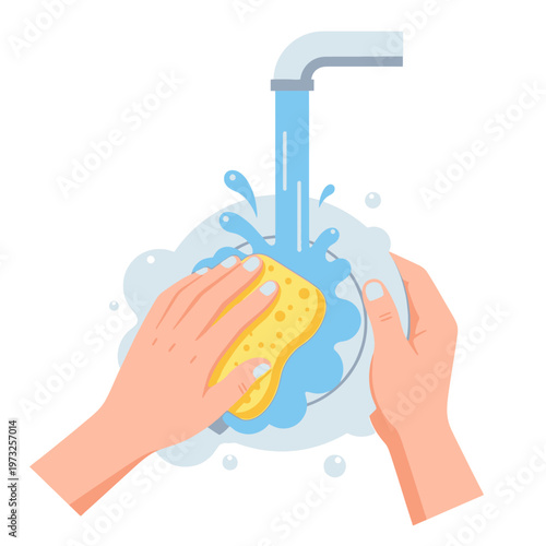 Hands washing a plate under running water with sponge and soap bubbles, clean dish