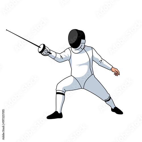 Fencer in white uniform with sword, ready to attack, isolated on white background