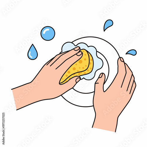 Hands washing a plate with a sponge and soap bubbles, domestic chores illustration