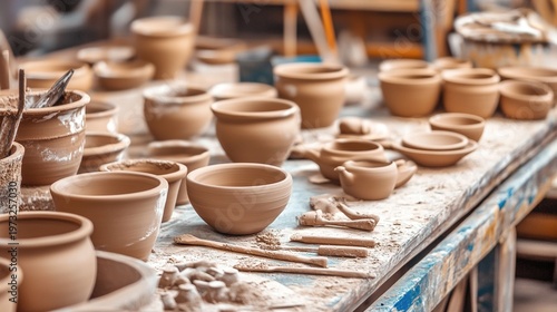 unpainted. A traditional pottery workshop displaying neatly arranged unpainted clay vessels and craft tools. tutorial guides, club newsletters, designed for tourism and weekend activity guides.