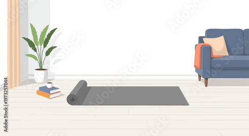 A dark grey yoga mat is spread across a light wooden floor in a modern minimalist living room featuring a blue sofa and a lush green potted houseplant.
