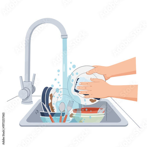 Hands washing dirty dishes in kitchen sink under running water, household chores