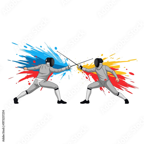 Fencers clashing with vibrant paint splashes, dynamic action, sports illustration