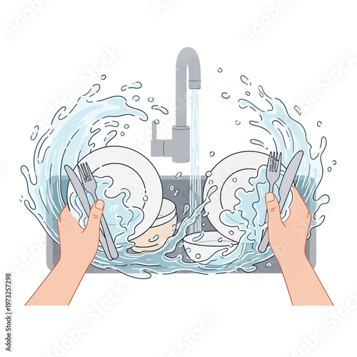 Hands washing dishes in sink with splashing water, clean plates and cutlery