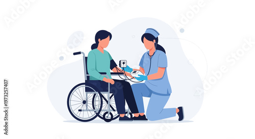 Nurse checks blood pressure of patient in wheelchair, medical care illustration