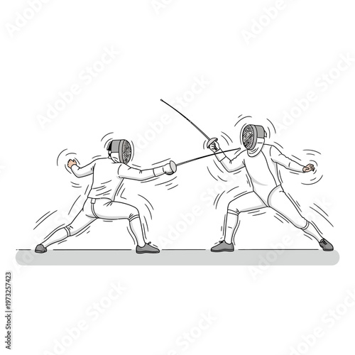 Fencers in white suits clashing swords in dynamic duel, vector illustration