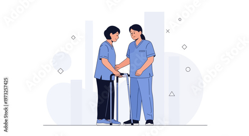 Nurse Assists Elderly Patient with Walker, Healthcare Support, Medical Care