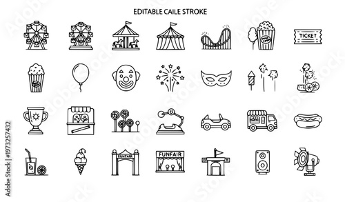 Funfair Amusement Park Line Icon Set Editable Stroke Carnival Festival Vector Pack
