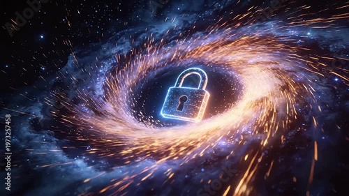 Glowing padlock surrounded by colorful spiral nebula and star trails