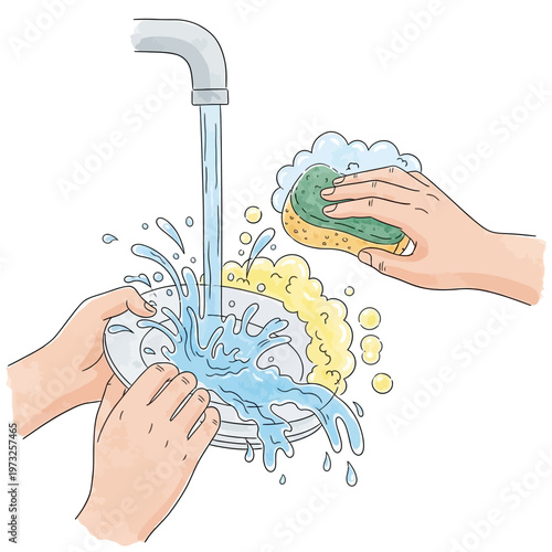 Hands washing dishes under running water with soap bubbles and sponge, close-up illustration