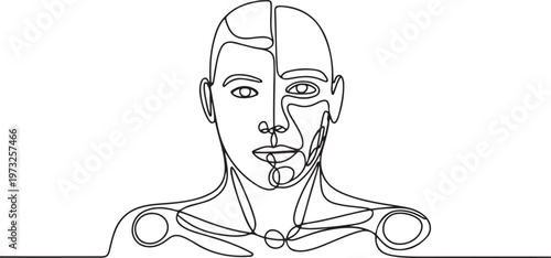 Conceptual continuous line art depicting the duality of human and artificial intelligence, symbolizing the profound integration of mind and machine in future technology