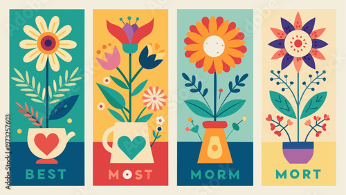 Colorful floral bookmarks, flower illustrations, vector icons, stationery set