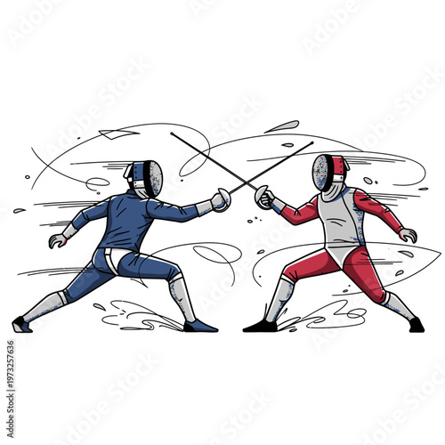 Fencing duel illustration: Two athletes in protective gear with swords clashing in dynamic motion.