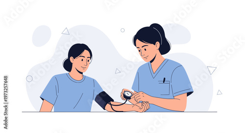 Nurse checking patient's blood pressure with sphygmomanometer, healthcare concept