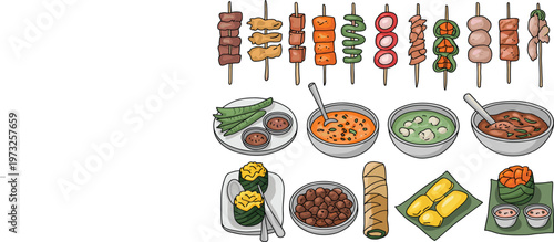 Asian street food set with meat skewers, spring rolls, curry and satay, vector illustration collection