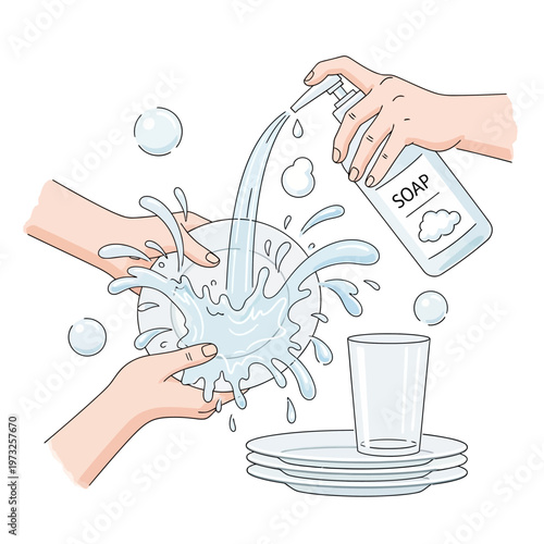 Hands Washing Dishes with Soap Dispenser and Water Splashing