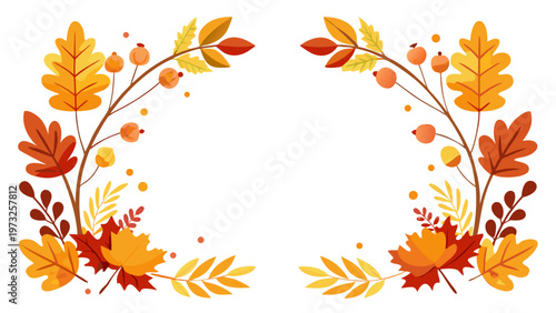 Autumn leaves, fall foliage, wreath frame, orange red yellow vector