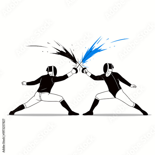Fencing duel, two athletes clashing swords with black and blue ink splashes