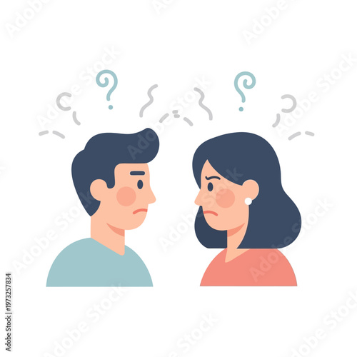 Confused couple facing each other with question marks above heads, misunderstanding concept