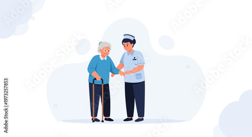 Nurse helping elderly woman with cane, healthcare, support, senior care, medical assistance