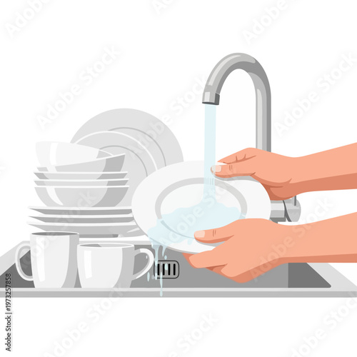 Hands washing plate under running water in kitchen sink with stack of dishes
