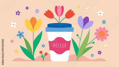 Colorful floral coffee cup, hello greeting, spring vector illustration