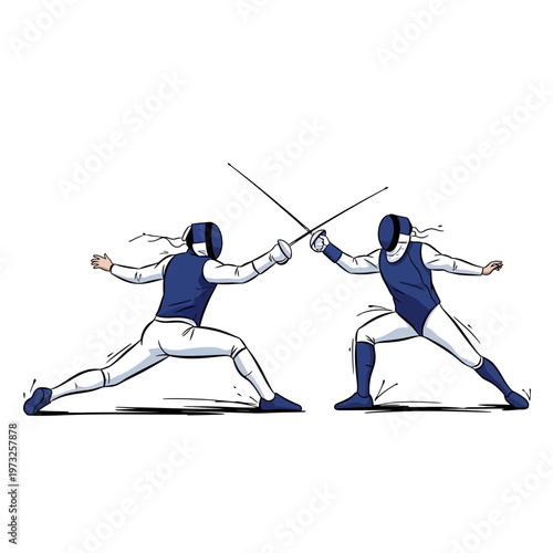 Fencing duel, two athletes in protective gear with swords clashing, dynamic action pose
