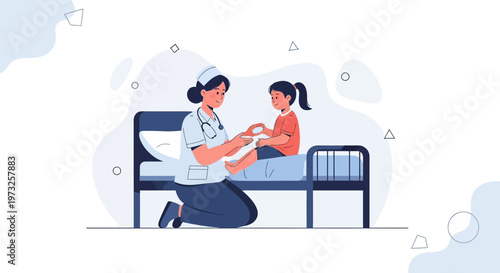 Nurse Caring for Child Patient in Hospital Bed, Medical Care Illustration