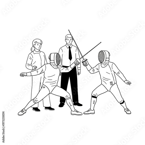 Fencing Match Illustration: Athletes Compete with Swords, Referee and Observer Present