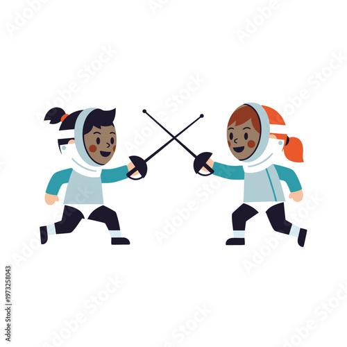 Two children fencing duel, cartoon characters with swords, sports illustration