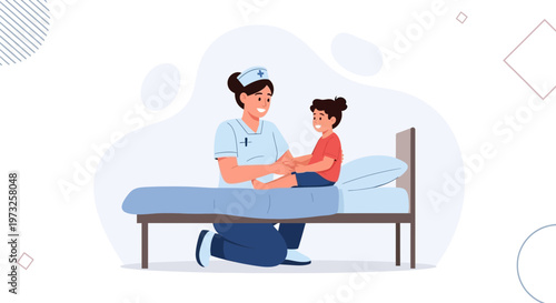 Nurse caring for a sick child in hospital bed, medical care and support concept