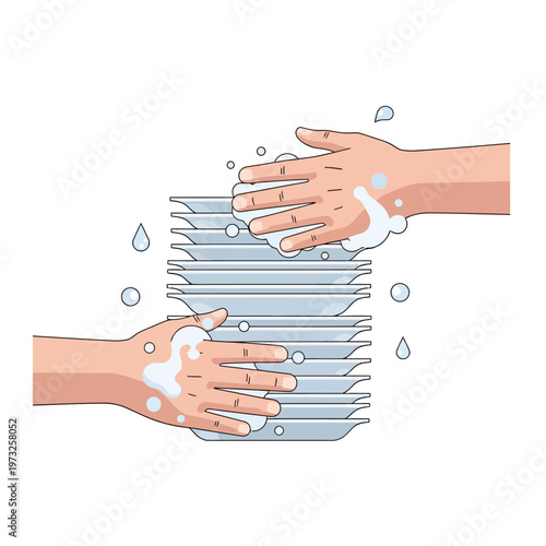 Hands washing stack of dishes with soap bubbles and water drops