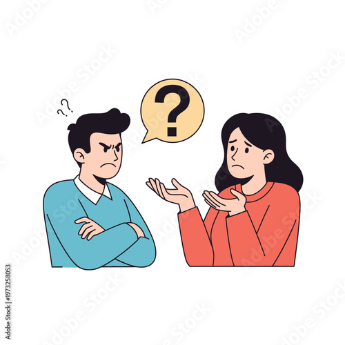 Couple arguing, confusion and frustration, question mark in speech bubble