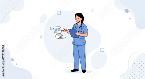 Nurse holding medical document and clipboard, cartoon illustration, healthcare concept