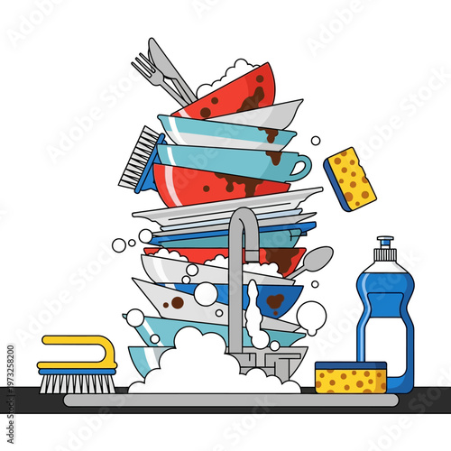 Pile of dirty dishes in sink with soap bubbles, sponge, brush and detergent bottle