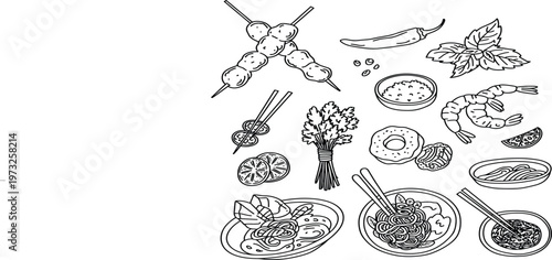 Hand drawn Asian street food set, noodles, shrimp and satay, vintage Thai food vector illustration