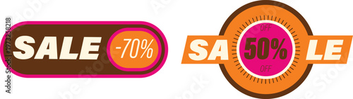 Vibrant sale discount badges showing seventy and fifty percent off promotions