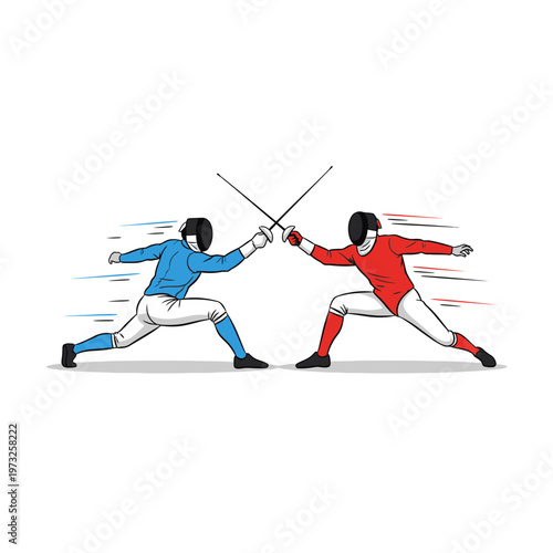Two Fencers in Blue and Red Combat with Swords, Dynamic Action Illustration