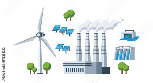 A comprehensive collection of clean energy icons featuring a large wind turbine solar panels a factory and a hydroelectric dam on a white background.