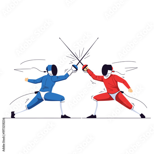 Two Fencers in Blue and Red Uniforms Duel with Swords on White Background