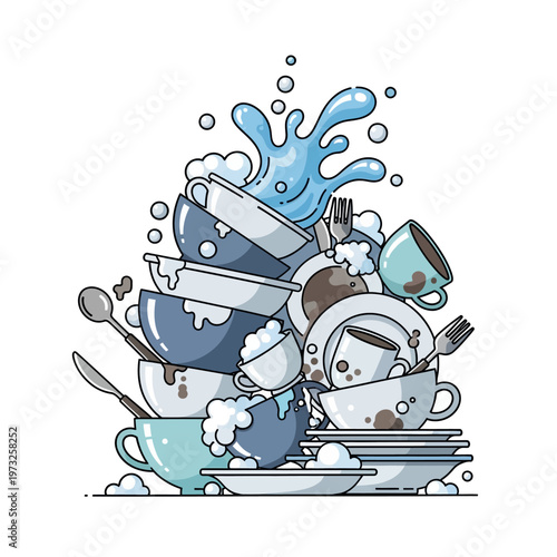Pile of dirty dishes with water splash and soap bubbles, illustration